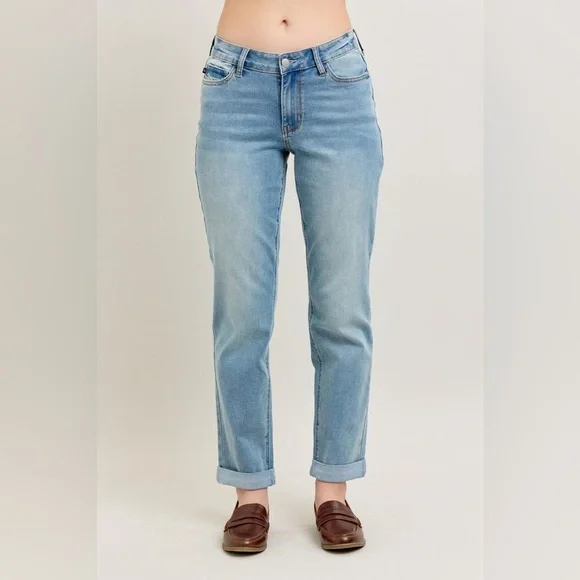 Judy Blue Full Size V-Front Cuff Boyfriend Jeans Plus Size